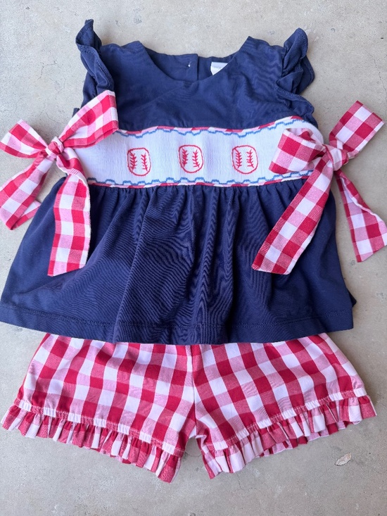 Stitchy Fish Other - Toddler Smocked Baseball and Bows Ruffle Shirt and Gingham Ruffle Shorts